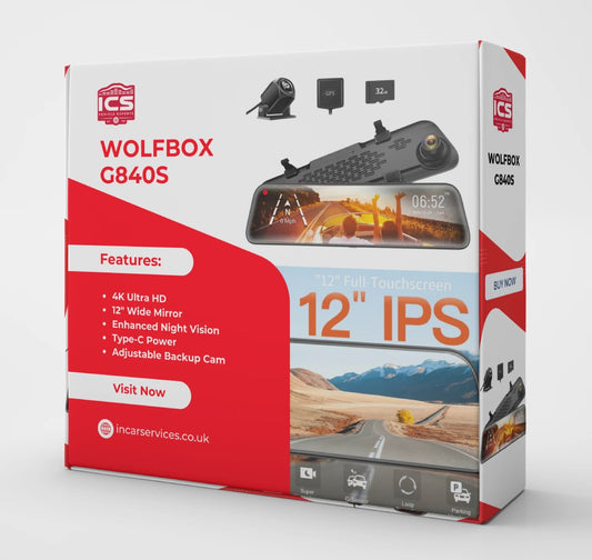 WOLFBOXG840S12″4KMirrorDashCam–UltraHDSmartRearViewMirror&DualCameraSystem